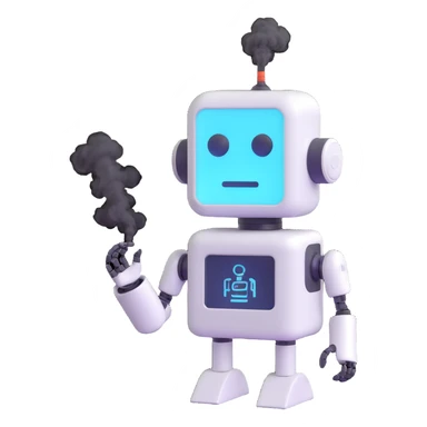 a robot with smoke coming out of its head, error messages on screen, symbolizing an AI malfunction sticker