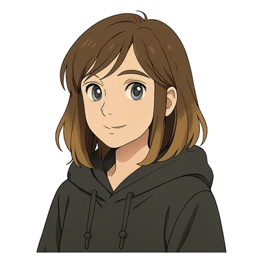 designer girl with blue eyes, brown hair with blonde highlights, black hoodie sticker