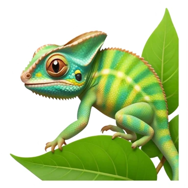 cinematic cute-smiling baby chameleon-realistic emoji,-blending-with-vibrant-greenery.-detailed-scales-in-shifting-colors,-showing-the-chameleon’s-ability-to-camouflage.-soft-natural-light-highlights-its-texture.-light-background, zoomed into its face sticker