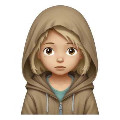 Young beggar little girl character, chest-up portrait, wearing worn and oversized clothes, hair is visible, neutral earth-tone fabric, slightly messy hair peeking from under a hood, tired but gentle eyes, subtle dirt marks on face, sticker