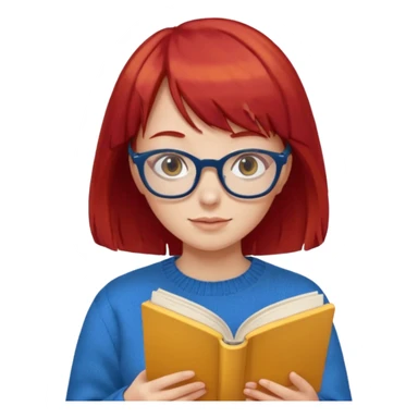 a girl with red hair and bangs with glasses wearing blue sweater reading a yellow cover book sticker
