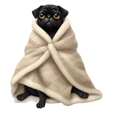 black pug with a cozy blanket around her and a bow sticker