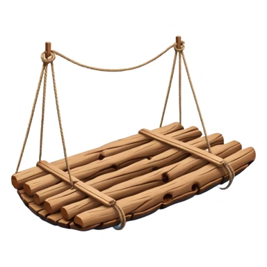 showing a simple wooden raft floating on calm blue water — made of several brown logs tied together with rope — gentle ripples around it — bright, cheerful lighting and soft shadows — minimalist, clean emoji design sticker