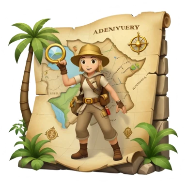 An icon featuring an adventurer in a dynamic action pose with treasure map, ancient ruins and jungle landscapes in the background. The design includes clues, hidden passages and climbing gear, symbolizing the thrill of exploration and discovery. Transparent background. sticker