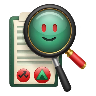Create a clean emoji-style icon representing “Challenge Review”.Include a document with a red warning symbol, a magnifying glass overlay ,magnifying glass of dark green color and a small refresh arrow. sticker