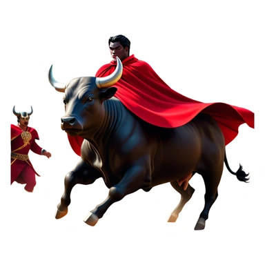 ​Cinematic Realistic black charging bull, against a matador depicted in a flowing red cape, captured in the dramatic moment of confronting a charging bull in a traditional bullring, rendered with dynamic motion and dramatic lighting that encapsulates the intensity and artistry of the spectacle, sticker