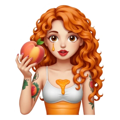 full body woman long curly brown hair brown eyes white skin tattoos holding sliced peach near lips, juice dripping on fingers, playful look sticker