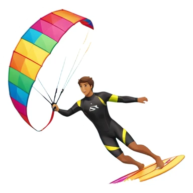 A kite surfer gliding across the ocean, with a colorful kite soaring high in the sky and the surfer carving through the waves. The scene captures the energy and freedom of the sport, with the sun shining and the ocean's waves splashing around. sticker
