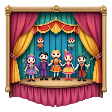 IIcon for Puppet Theater: a puppet stage with colorful marionettes, strings, and theatrical curtains. The icon should capture the whimsical and playful nature of puppet theater, with a focus on the characters and craftsmanship. Transparent background. sticker