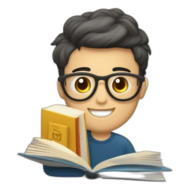 joven estudiante sentado sobre sus libros que son muchos y con un libro en sus manos y sobre su cabeza, de piel blanca y con su mascota sticker