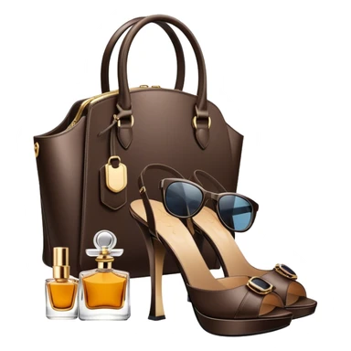 A photorealistic icon featuring stylish fashion accessories like high heels, a designer handbag, sunglasses, and a perfume bottle, arranged elegantly. Soft, luxurious colors with detailed textures and lighting that convey beauty and style. Transparent background, symbolizing fashion and beauty. sticker
