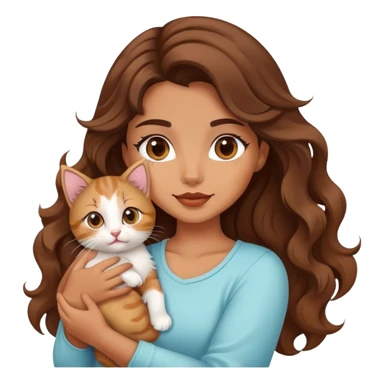 A beautiful girl with big brown waves was holding a  kitten sticker