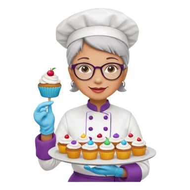 Older female pastry chef – round glasses, oven mitts on, holding a tray of cupcakes

 sticker