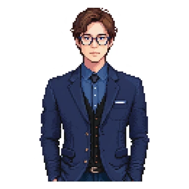 Flat pixel art, focused and reserved male architect, short sleek brown hair, wearing glasses, intense sharp eyes, wearing a deep indigo suit jacket over a black shirt, holding a blue print, waist-up, front-facing sticker
