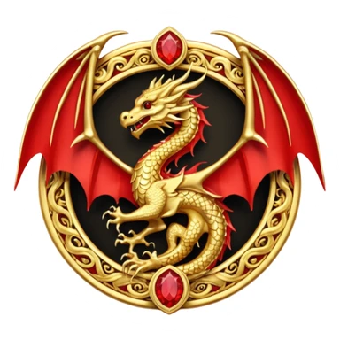 Golden Dragon with wings crest/brosch in a circle with red gems sticker