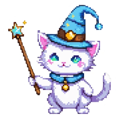 wizard cat with a pointy hat and magic wand sticker