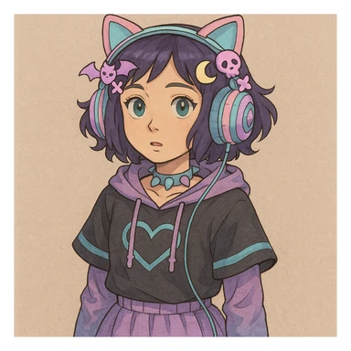 Add cute pastel goth hair clips to the cat ear headphones, keep the style and background as is. Maintain the original look and feel of the image. sticker