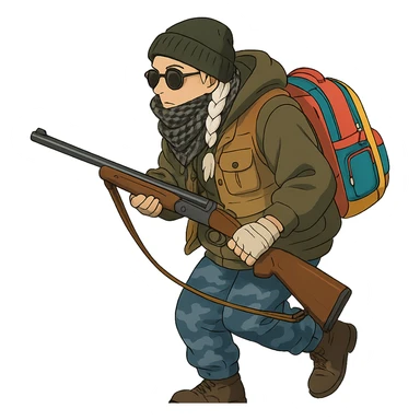 1 female, long white braid, knit cap, dark sunglasses, shemegh neckwrap, fishing vest, vibrant shool backpack, drab hoodie, handwraps, blue camo pants, Blaser Bbf-95, hunched over, on the move sticker