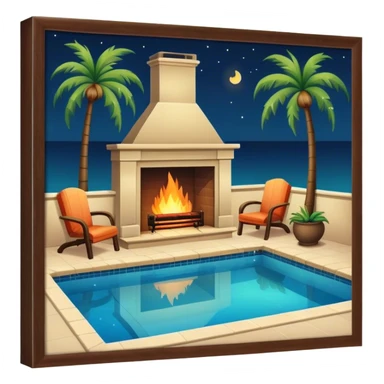 A pool at night with palm trees and  a fireplace  sticker
