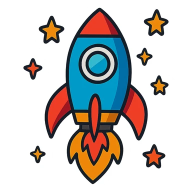rocket ship with flames and stars around it sticker