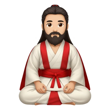 Beautiful man with lightly tan skin and dark long beard, long hair, in white and red Hanfu sitting on the ground sticker