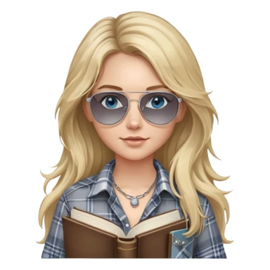 girl with long blond messy hair wearing grey plaid shirt with blue eyes and aviator sunglasses wearing a ring on her silver necklace, holding law books sticker