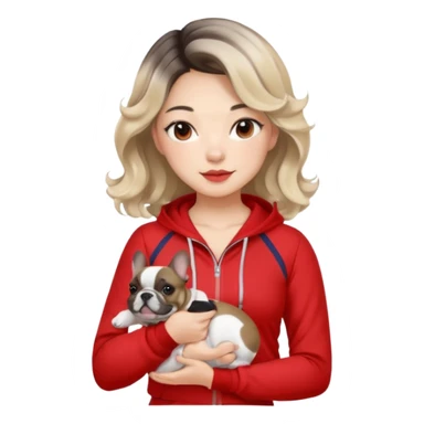 An Asian Lady With Ash Blonde Balayage, Loose Curls, In Red Gym Outfit, Holding A French Bulldog sticker