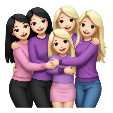 Girlfriend emoji - 5 white girlfriends, two with long dark black hair, one with medium blonde hair, one with long pale pink hair, one with short light blonde hair.  They should be laughing and hugging  sticker