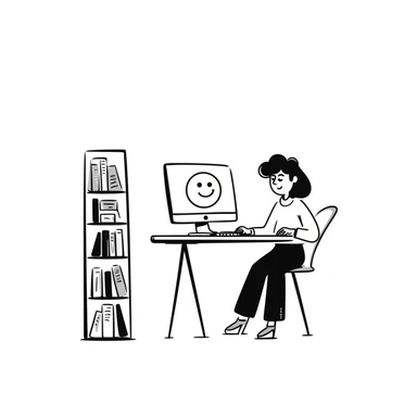 Home office with desk, computer and bookshelf sticker