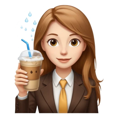 Women in front of laptop with a happy face, long light brown hair, light brown big eyes, light pale skin with a iced coffee on the side, business attire sticker