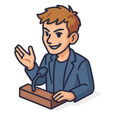 Lively and clever male debater, fair skin, short messy light brown hair, sharp eyes with a mischievous smile, wearing indigo blazer over a casual t-shirt, one hand raised mid-gesture, waist-up sticker
