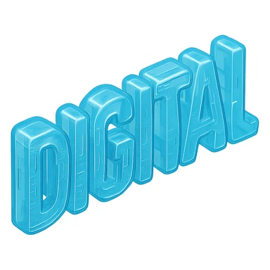 The word "DIGITAL" BOLD, floating, cyan blue sticker