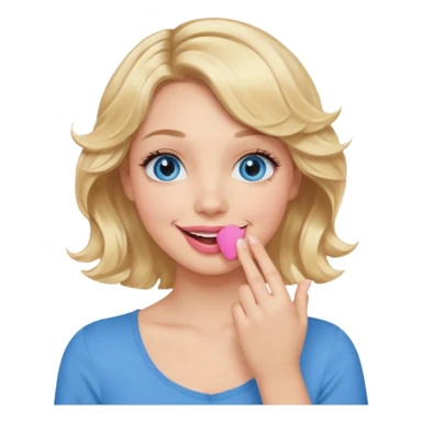 Girl Blonde short wavy hair,  blue eyes, cute blue top, long lashes, pink lips, smiling, hand covering the mouth sticker