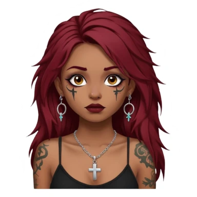 generate an ios genmoji of a dusky girl with long dark red messy hair with eyeliner on her eyes. septum piercing, wearing a cami black top, has tattoos, on shoulders. ear piercings. wearing a cross silver necklace. 


no tattoos on face sticker