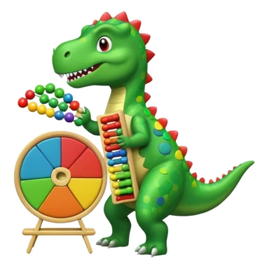 Dancing Dino holding an abacus against a pie chart sticker