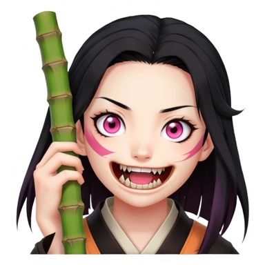 Nezuko from Demon Slayer biting down on bamboo muzzle with teeth visible, pink eyes and black hair with orange tips sticker