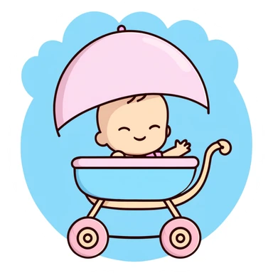 peaceful sleeping baby with closed eyes in pink and beige stroller with pastel blue clouds decoration sticker