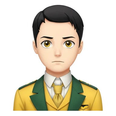 Levi Ackerman with black undercut hair, stern expression, wearing yellow uniform instead of green, with white cravat sticker