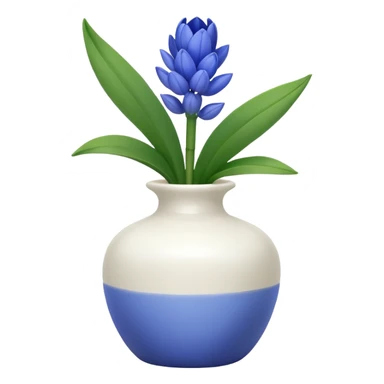 A small white vase holding a single blue hyacinth flower with green leaves. sticker
