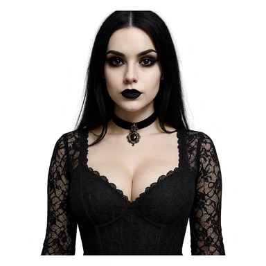 gothic girl with prominent bust, black lace dress, choker, dark lipstick, pale complexion sticker