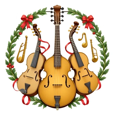 Design a complex and festive emblem-like emoji representing plucked string instruments, such as a banjo, mandolin, domra, sitar, and similar instruments. The composition should resemble a heraldic crest, with the instruments arranged symmetrically and gracefully, their necks intertwining with a flowing ribbon of musical notes. The ribbon should weave through the strings and headstocks, symbolizing the harmonious connection between the instruments. Use detailed engraving on the instrument bodies and fretboards to emphasize their craftsmanship. Incorporate rich, celebratory colors like gold, mahogany brown, deep green, and vibrant accents. Add subtle shading and light reflections to create a three-dimensional, polished look. Include ornate elements like swirls, laurel leaves, and decorative flourishes to enhance the festive and professional appearance. The background should be transparent to highlight the emblem as a standalone piece. sticker