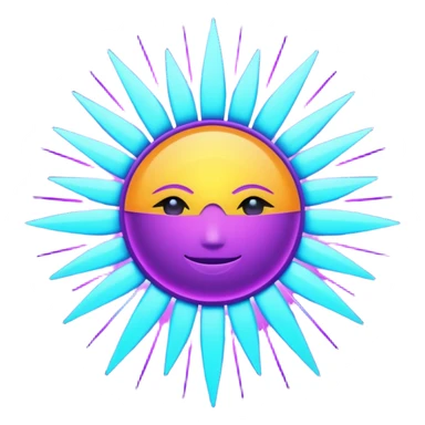 Futuristic glowing sun, neon rays, bright holographic purple and cyan glow, dark background, digital tech style sticker