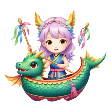 A chibi girl dressed as a dragon boat drummer, holding soft pastel drumsticks, standing in a fluffy dragon boat, colorful festival ribbons flying, sparkles and cute mini fish swimming below, soft pastel colors, watercolor texture, transparent background sticker
