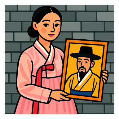 a young woman in a pale pink, sheer hanbok holding a traditional Korean portrait in front of a grey stone wall, vibrant toon style sticker