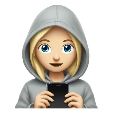 A blond girl with blue eyes that is wearing a grey hoodie and has a phone sticker