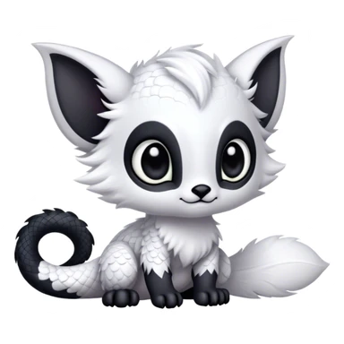 Fantasy-fantasy creature, black ears, no Scapha, black long scaly tail, big eyes, black eyes, white fur, black claws, cute, adorable sticker