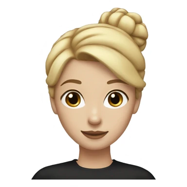 a woman with freckles, blue eyes, light skin, blonde straight hair with a bun. black shirt. sticker