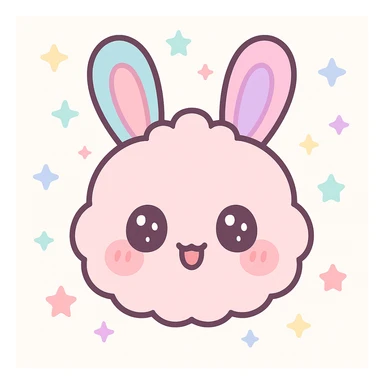 kawaii chibi-style bunny emoji with a round fluffy face, sparkly eyes, blushing cheeks, pastel color palette, happy mood, soft rounded design, anime-style, black background, vector art sticker