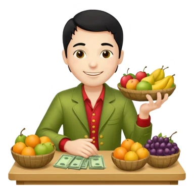 hombre piel clara pelo negro con ropa de frutero sentado en una mesa contando mucho dinero sticker