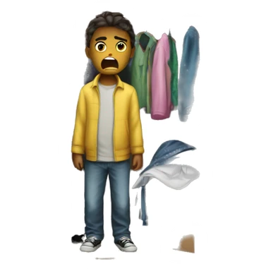 the child is angry and there is a closet with clothes next to him sticker